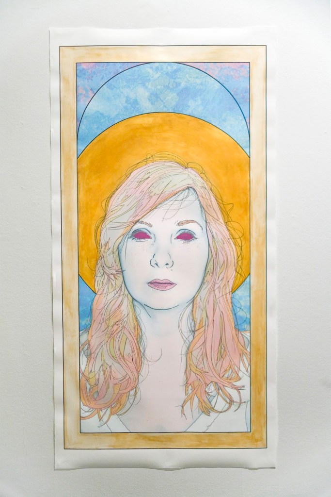 Title: '...As Saint Lucy' by Blake Peterson (2012)  Media: Mixed-Media Illustration (Ink, Digital Print, Screen-Printing, Graphite, & Acrylic) Dimensions: Approximately 7 ft x 3.5 ft