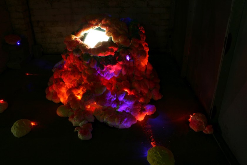 Title: 'Chit Chat Tummy [Installation View 1]' by Blake Peterson (2012) Media: Video, latex, acrylic, metallic ink, ink wash, screen-printing ink, and LED lights. Dimensions: 7 ft tall x 9 ft wide