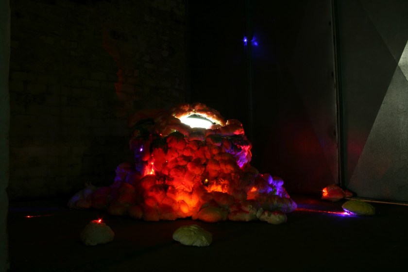 Title: 'Chit Chat Tummy [Installation View 3]' by Blake Peterson (2012) Media: Video, latex, acrylic, metallic ink, ink wash, screen-printing ink, and LED lights. Dimensions: 7 ft tall x 9 ft wide